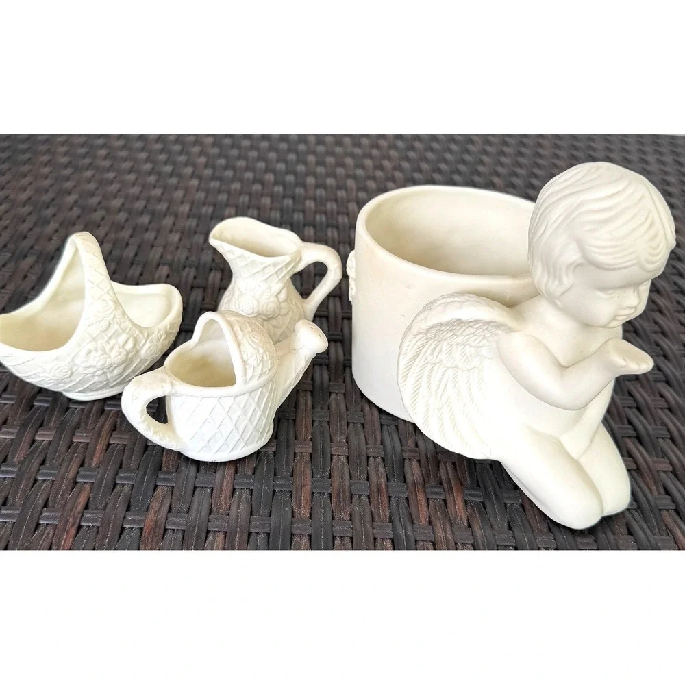 VTG Bloom-Rite Ceramic Cherub Planter + 3 Piece Cottagecore Planter Shelf Decor